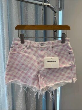 🚩steal Alexander Wang Pink Gingham Frayed Hem Women's Shorts